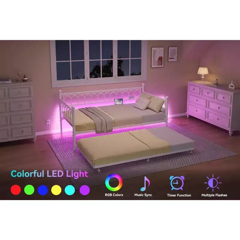 Twin Daybed with Trundle, Metal Sofa Bed Frame with Charging Station and LED Lights for Bedroom, Living Room