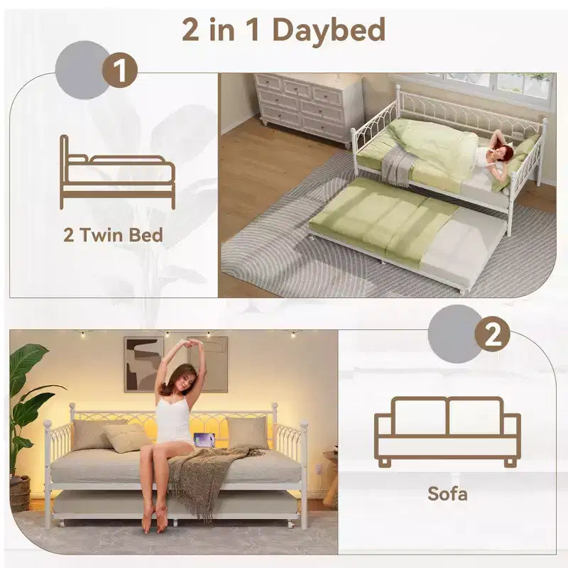 Twin Daybed with Trundle, Metal Sofa Bed Frame with Charging Station and LED Lights for Bedroom, Living Room