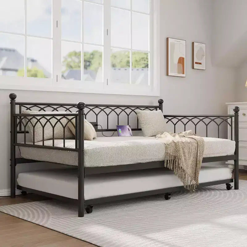 Twin Daybed with Trundle, Metal Sofa Bed Frame with Charging Station and LED Lights for Bedroom, Living Room