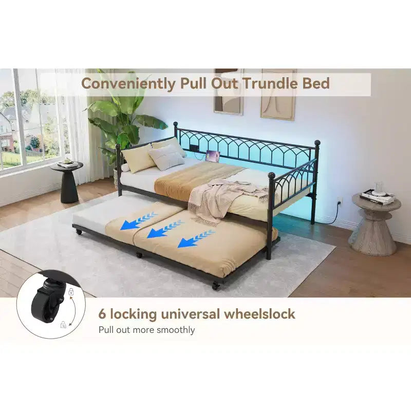 Twin Daybed with Trundle, Metal Sofa Bed Frame with Charging Station and LED Lights for Bedroom, Living Room