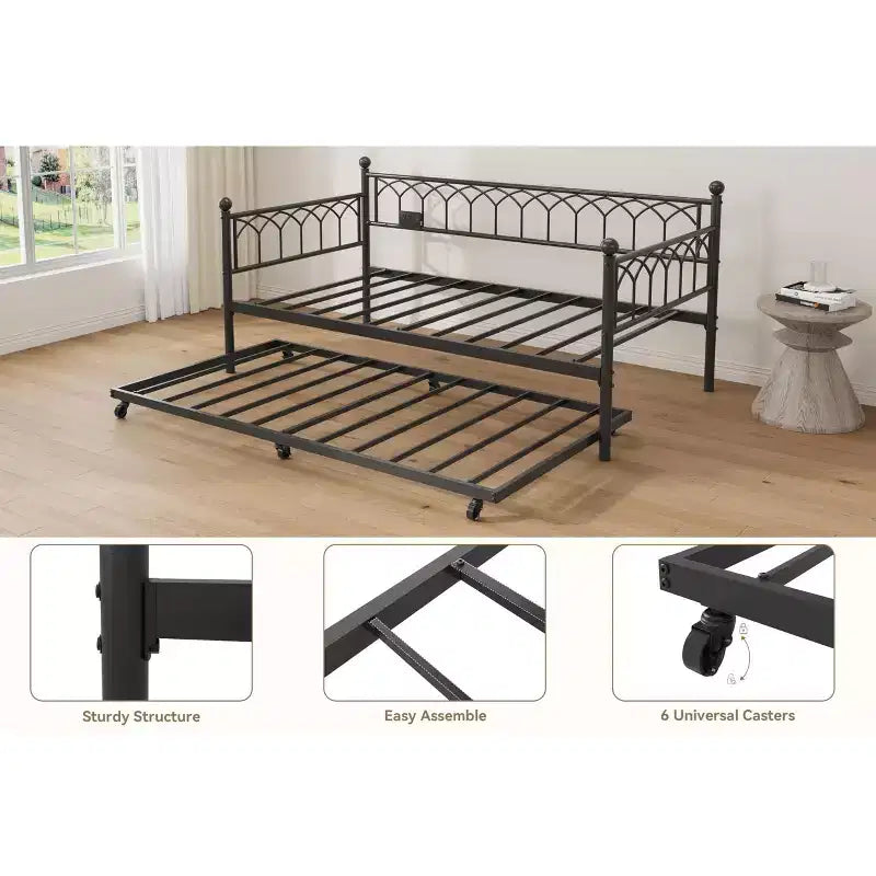 Twin Daybed with Trundle, Metal Sofa Bed Frame with Charging Station and LED Lights for Bedroom, Living Room