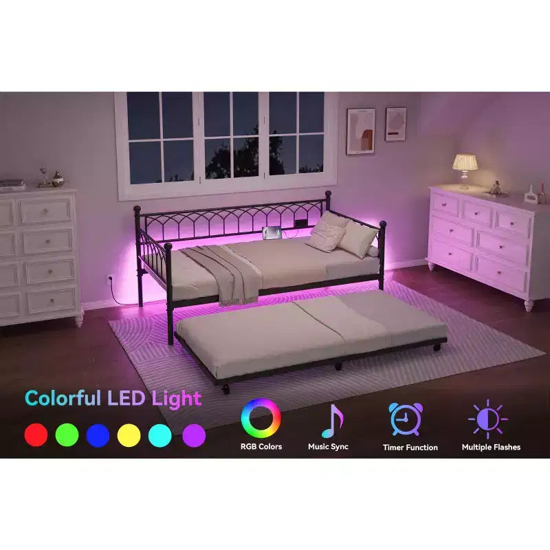 Twin Daybed with Trundle, Metal Sofa Bed Frame with Charging Station and LED Lights for Bedroom, Living Room