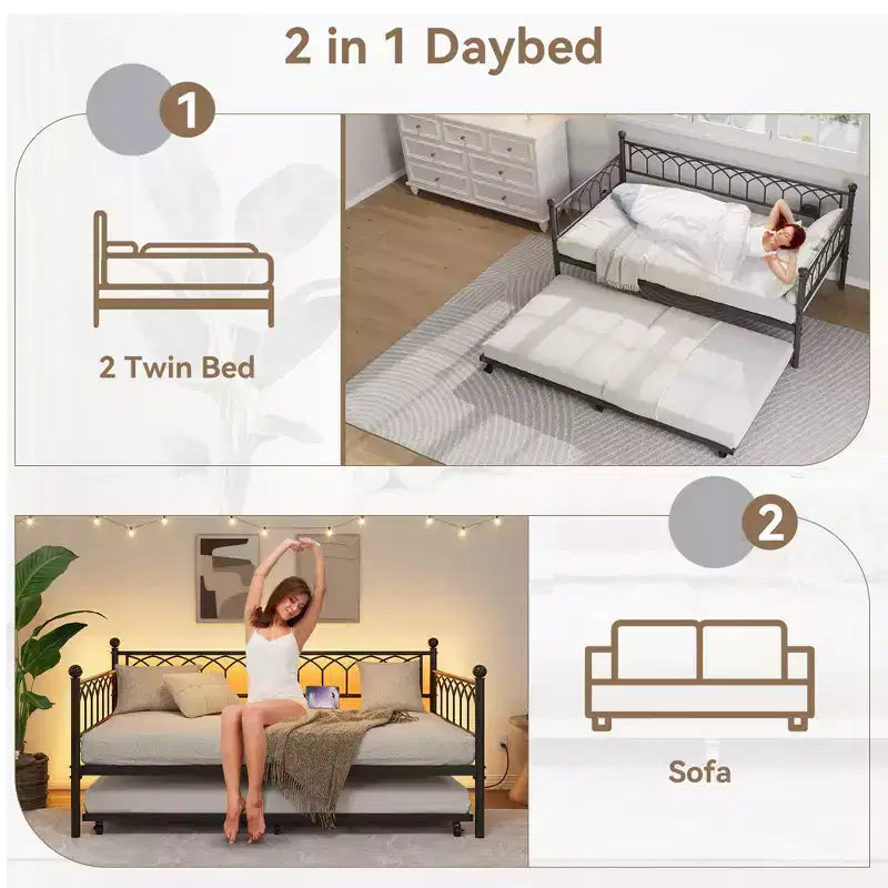 Twin Daybed with Trundle, Metal Sofa Bed Frame with Charging Station and LED Lights for Bedroom, Living Room