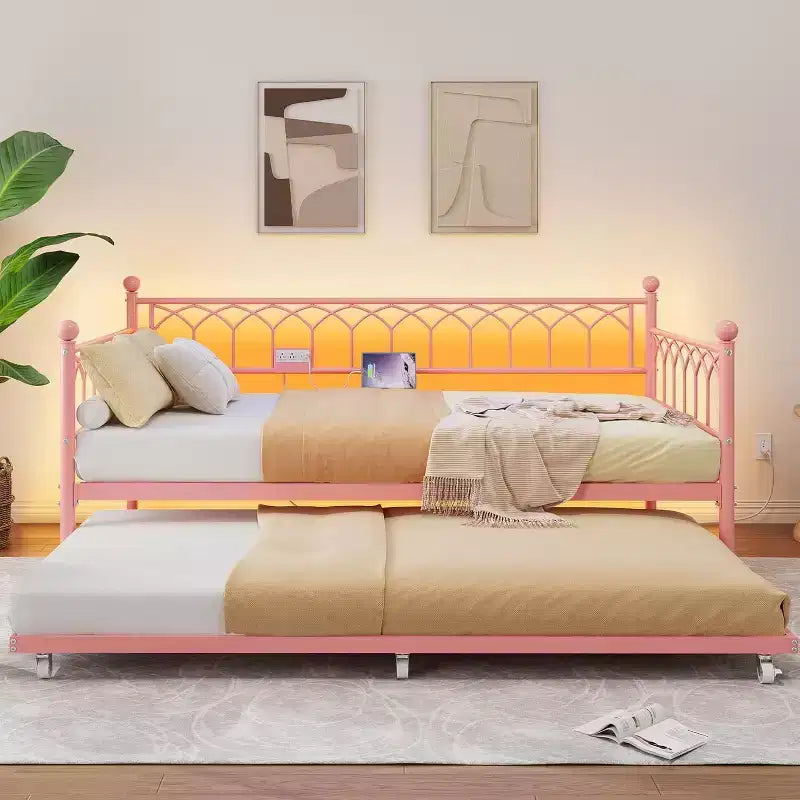 Twin Daybed with Trundle, Metal Sofa Bed Frame with Charging Station and LED Lights for Bedroom, Living Room