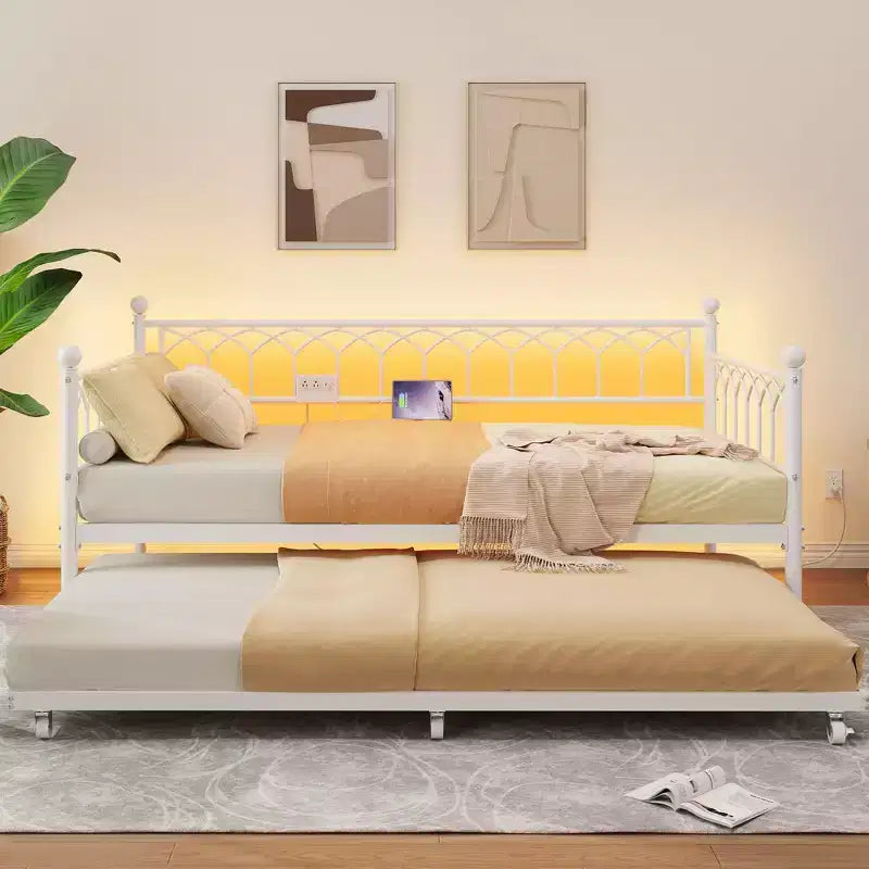 Twin Daybed with Trundle, Metal Sofa Bed Frame with Charging Station and LED Lights for Bedroom, Living Room