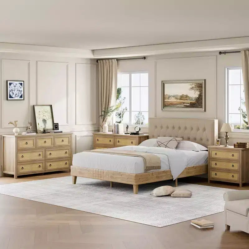 7 Drawer Dresser for Bedroom, 54'' Wide Rattan Dresser, Chest of Drawers, Wooden Chest with Clothes Storage Cabinet, Drawer Organizer
