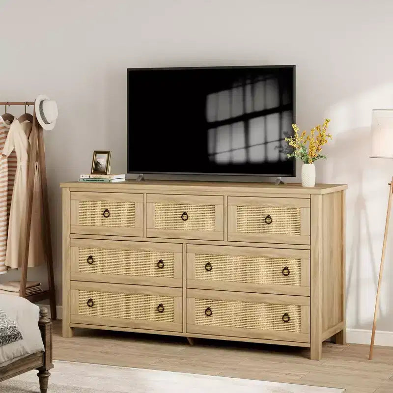 7 Drawer Dresser for Bedroom, 54'' Wide Rattan Dresser, Chest of Drawers, Wooden Chest with Clothes Storage Cabinet, Drawer Organizer