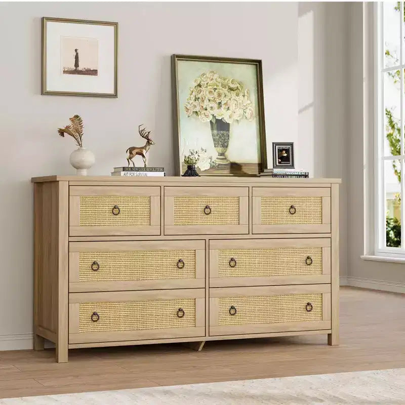 7 Drawer Dresser for Bedroom, 54'' Wide Rattan Dresser, Chest of Drawers, Wooden Chest with Clothes Storage Cabinet, Drawer Organizer