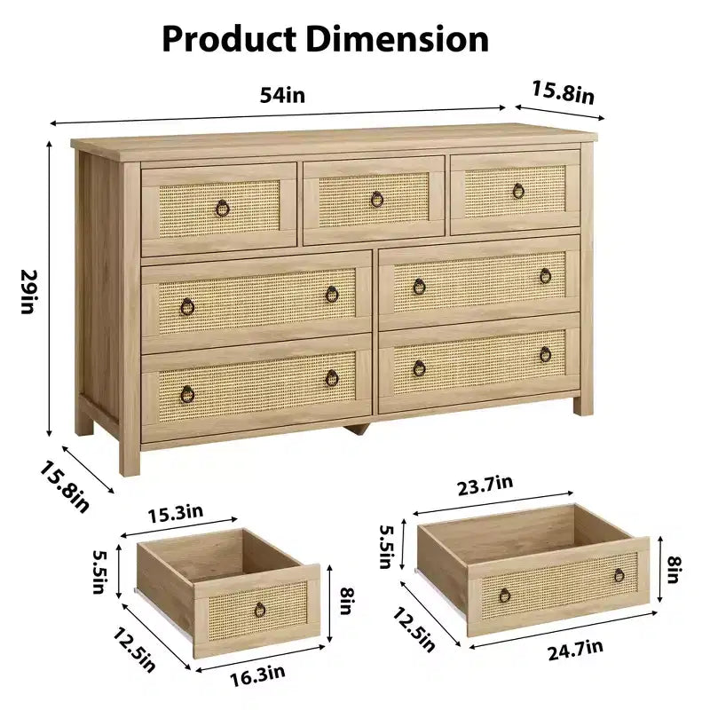 7 Drawer Dresser for Bedroom, 54'' Wide Rattan Dresser, Chest of Drawers, Wooden Chest with Clothes Storage Cabinet, Drawer Organizer