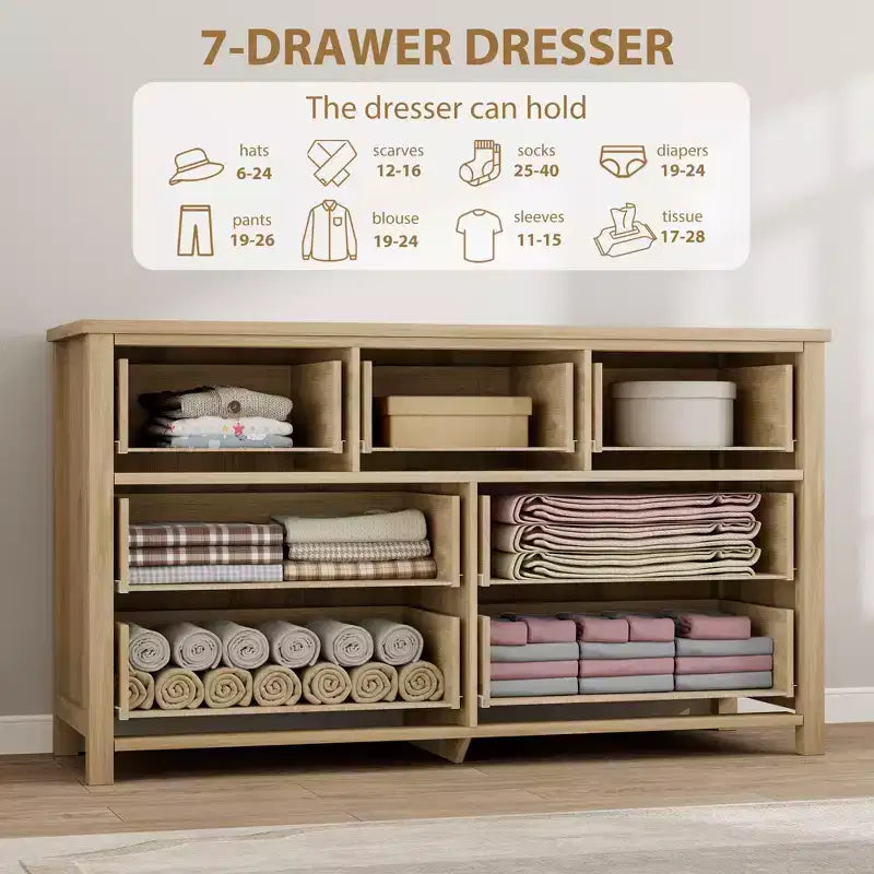 7 Drawer Dresser for Bedroom, 54'' Wide Rattan Dresser, Chest of Drawers, Wooden Chest with Clothes Storage Cabinet, Drawer Organizer