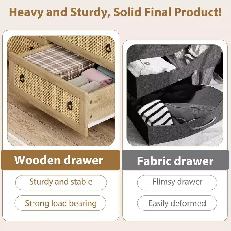 7 Drawer Dresser for Bedroom, 54'' Wide Rattan Dresser, Chest of Drawers, Wooden Chest with Clothes Storage Cabinet, Drawer Organizer