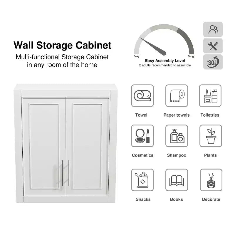 Bathroom Storage Cabinet, Wooden Wall-Mounted Cabinet for Home and Small Spaces, White, 26x22x8in