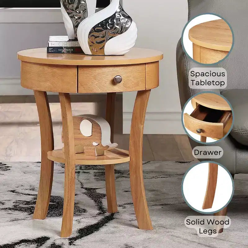 1 Drawer End Table with Shelf, Rubberwood Accent Table with Concealed Storage for Living Room