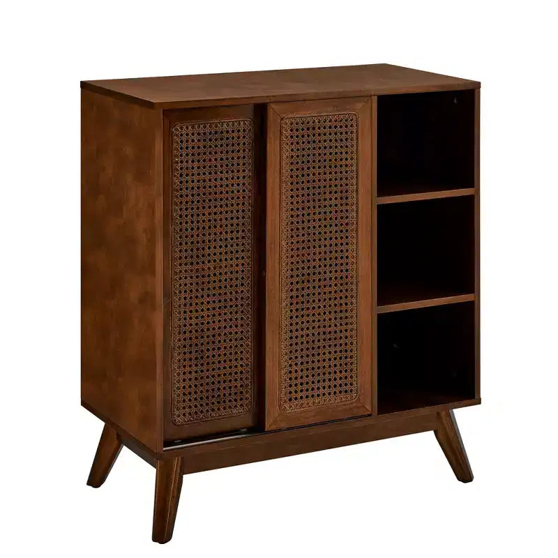 Mid-Century Modern Rattan Sideboard Cabinet with Adjustable Shelves and Solid Wood Legs, Buffet for Entryway, Living Room, Kitchen