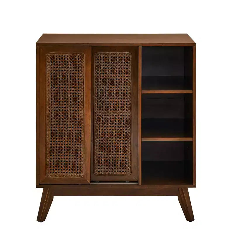 Mid-Century Modern Rattan Sideboard Cabinet with Adjustable Shelves and Solid Wood Legs, Buffet for Entryway, Living Room, Kitchen