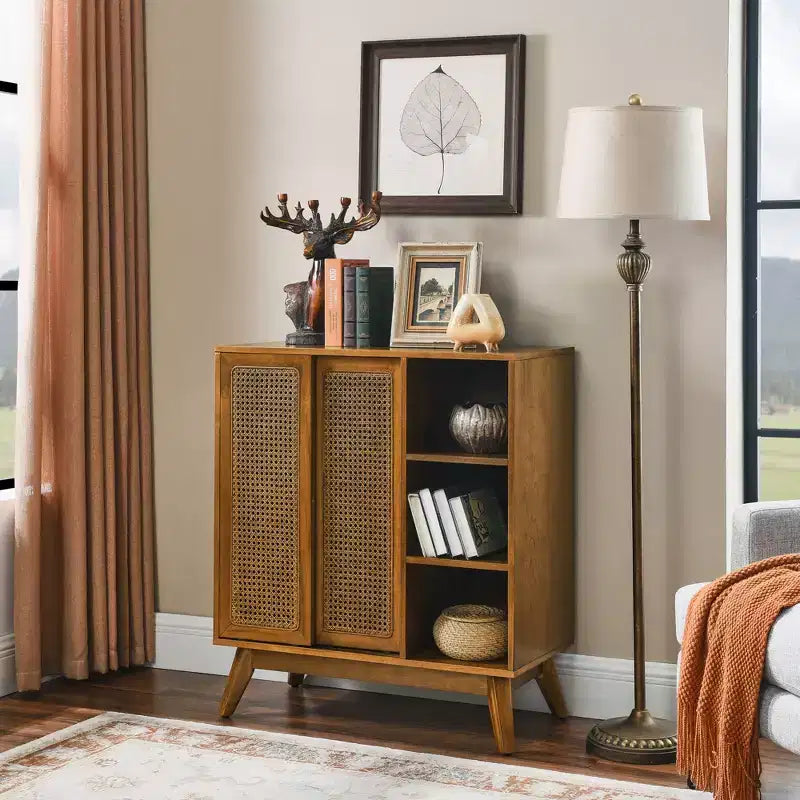 Mid-Century Modern Rattan Sideboard Cabinet with Adjustable Shelves and Solid Wood Legs, Buffet for Entryway, Living Room, Kitchen