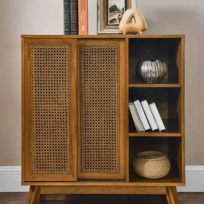 Mid-Century Modern Rattan Sideboard Cabinet with Adjustable Shelves and Solid Wood Legs, Buffet for Entryway, Living Room, Kitchen