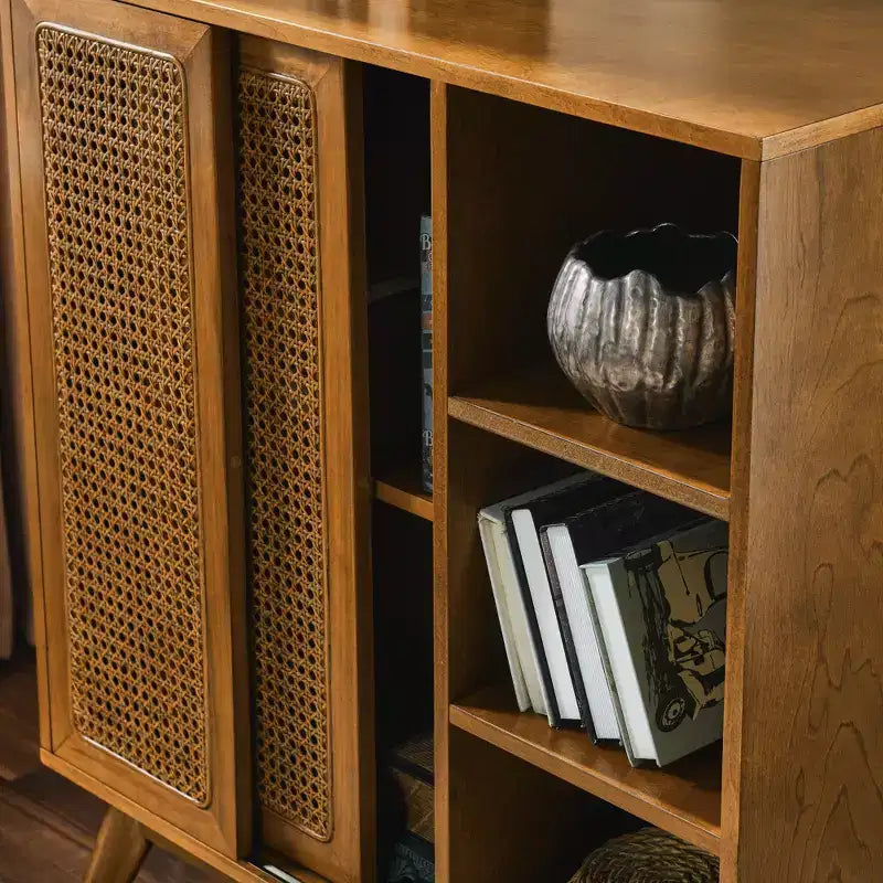 Mid-Century Modern Rattan Sideboard Cabinet with Adjustable Shelves and Solid Wood Legs, Buffet for Entryway, Living Room, Kitchen