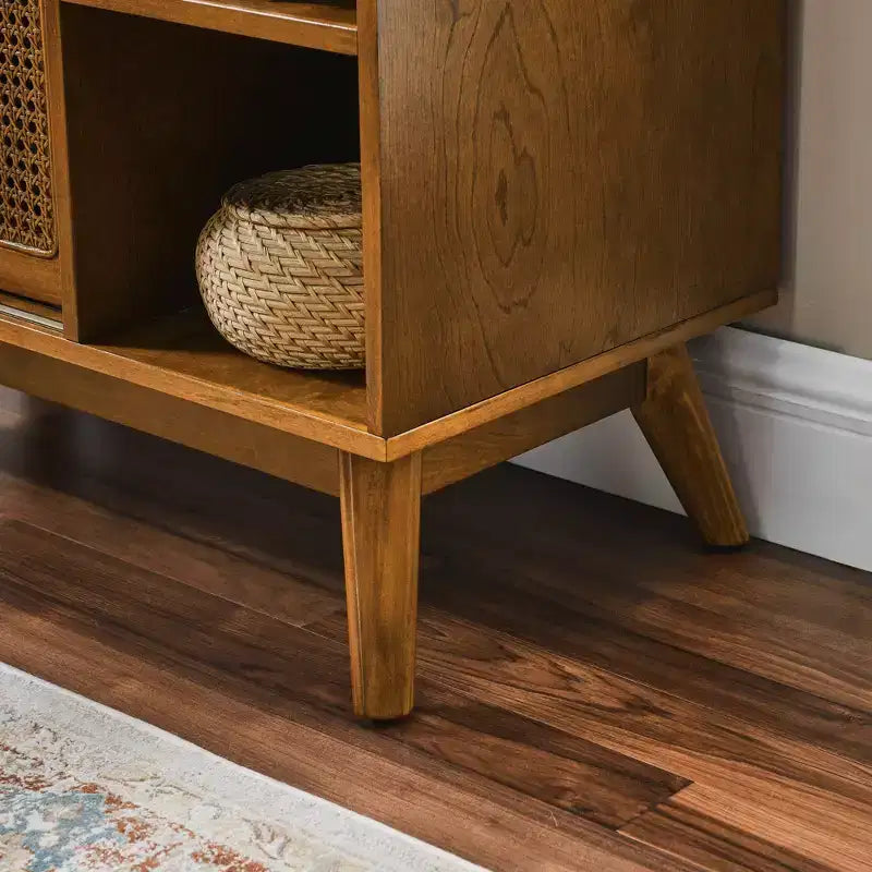 Mid-Century Modern Rattan Sideboard Cabinet with Adjustable Shelves and Solid Wood Legs, Buffet for Entryway, Living Room, Kitchen