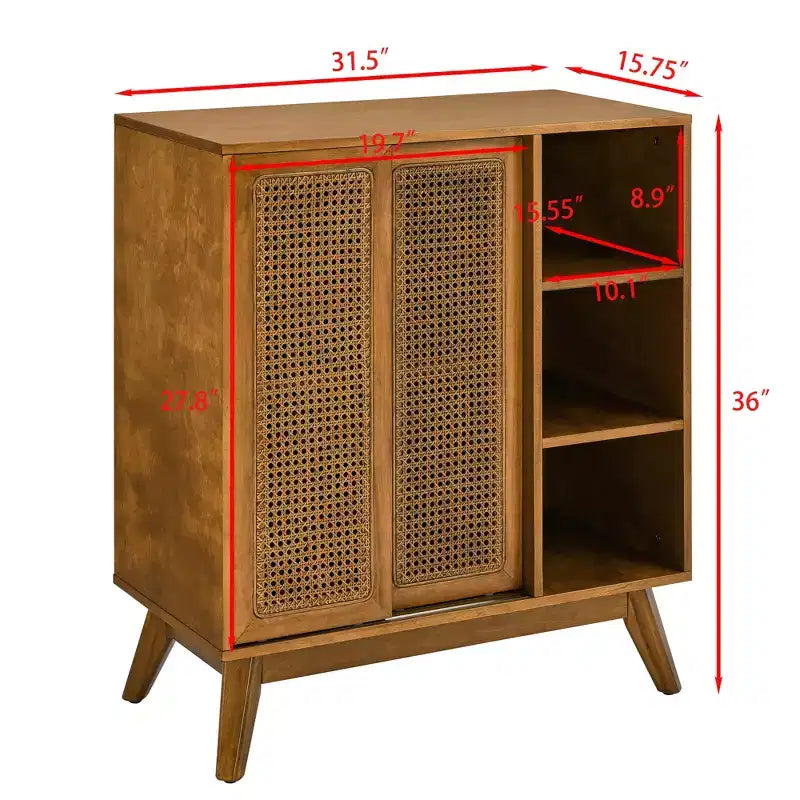 Mid-Century Modern Rattan Sideboard Cabinet with Adjustable Shelves and Solid Wood Legs, Buffet for Entryway, Living Room, Kitchen