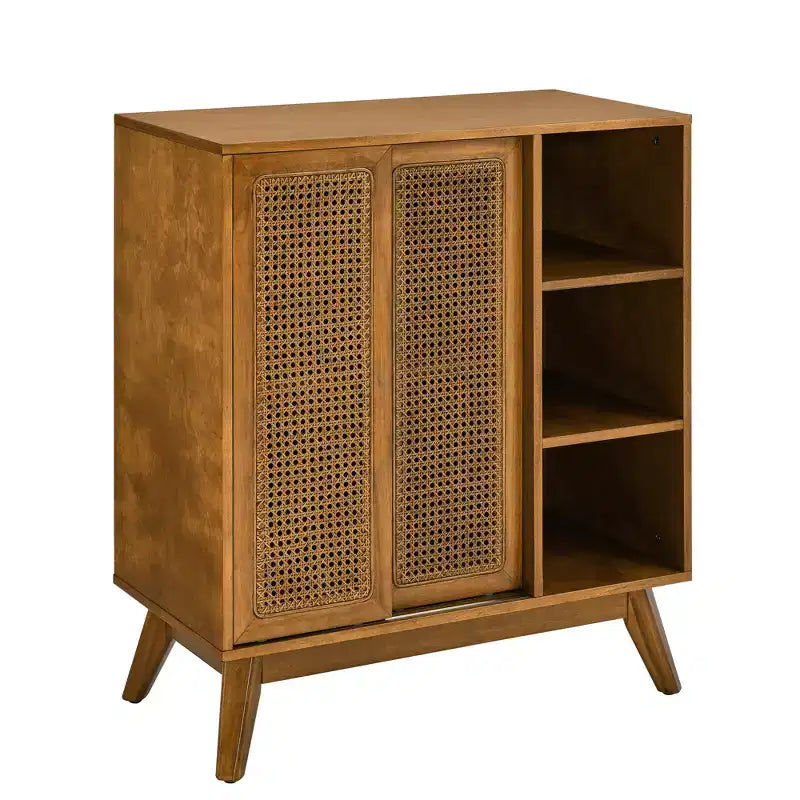 Mid-Century Modern Rattan Sideboard Cabinet with Adjustable Shelves and Solid Wood Legs, Buffet for Entryway, Living Room, Kitchen