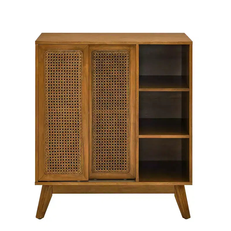 Mid-Century Modern Rattan Sideboard Cabinet with Adjustable Shelves and Solid Wood Legs, Buffet for Entryway, Living Room, Kitchen