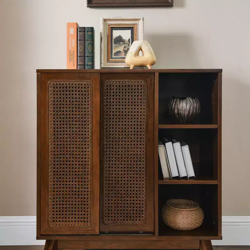 Mid-Century Modern Rattan Sideboard Cabinet with Adjustable Shelves and Solid Wood Legs, Buffet for Entryway, Living Room, Kitchen