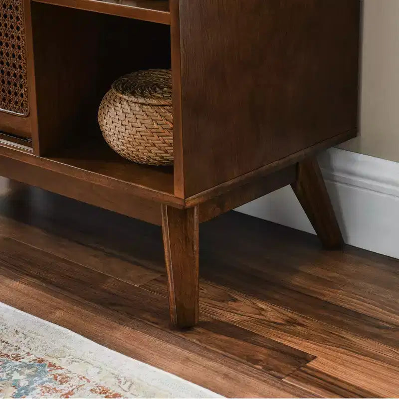 Mid-Century Modern Rattan Sideboard Cabinet with Adjustable Shelves and Solid Wood Legs, Buffet for Entryway, Living Room, Kitchen