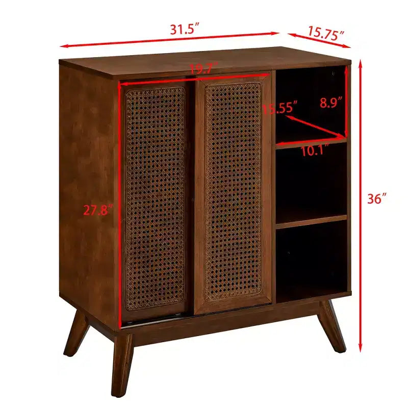 Mid-Century Modern Rattan Sideboard Cabinet with Adjustable Shelves and Solid Wood Legs, Buffet for Entryway, Living Room, Kitchen
