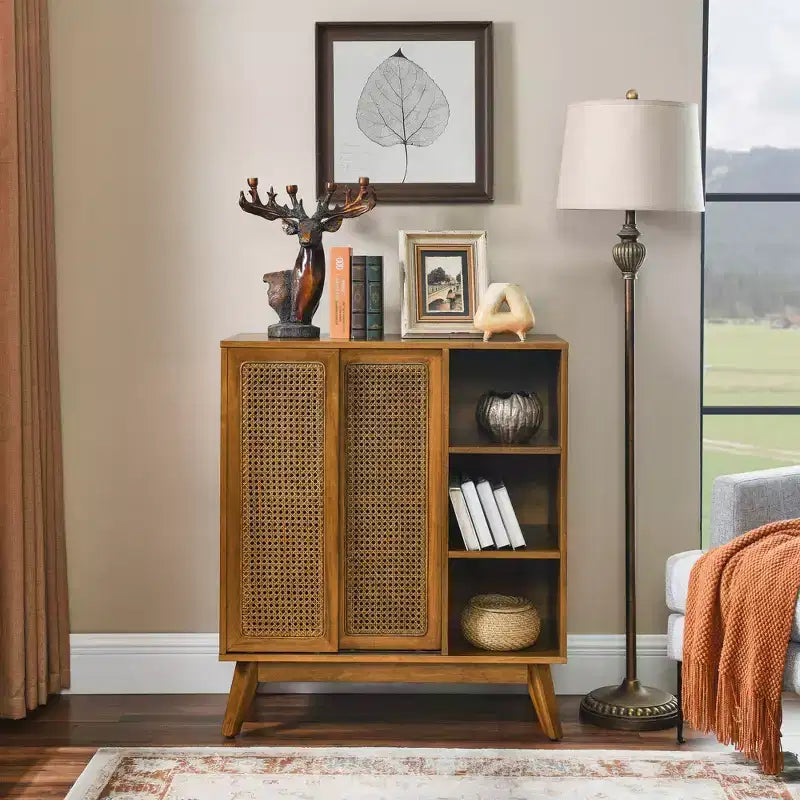 Mid-Century Modern Rattan Sideboard Cabinet with Adjustable Shelves and Solid Wood Legs, Buffet for Entryway, Living Room, Kitchen