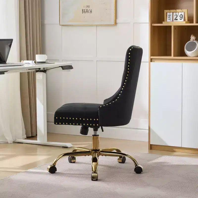Modern Office Chair, Upholstered Desk Chair with Golden Metal Base and Decorative Buttons, Height-Adjustable Comfy Chair for Office, Home