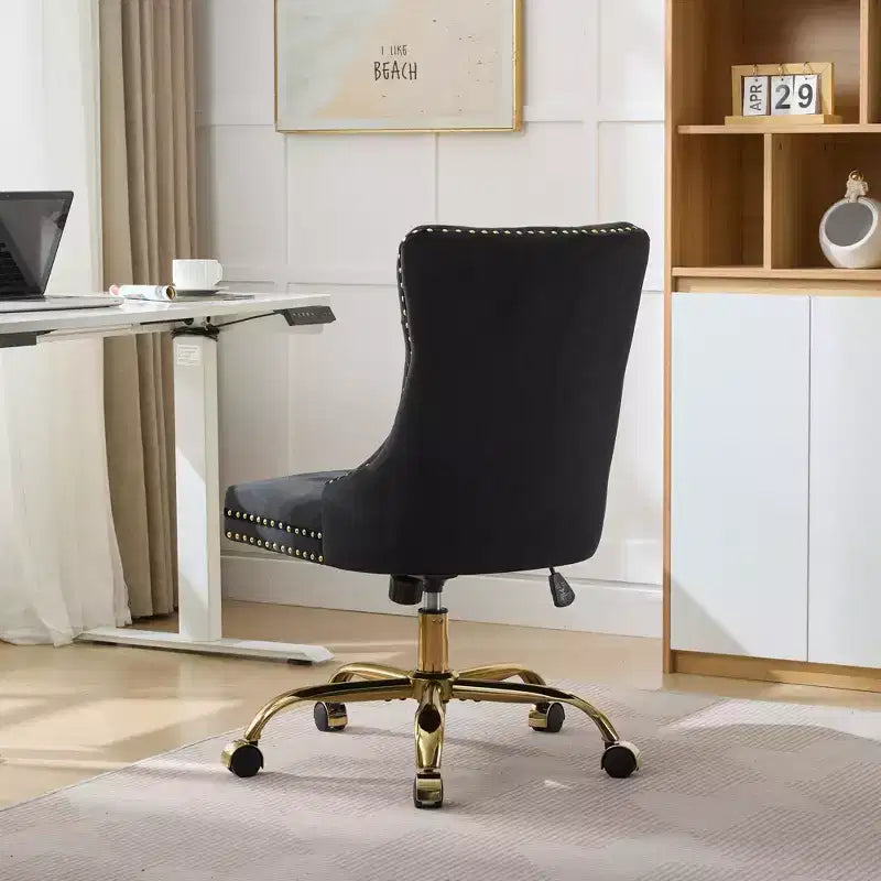 Modern Office Chair, Upholstered Desk Chair with Golden Metal Base and Decorative Buttons, Height-Adjustable Comfy Chair for Office, Home
