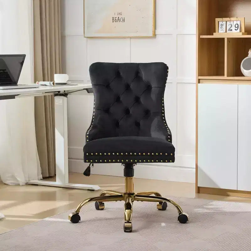 Modern Office Chair, Upholstered Desk Chair with Golden Metal Base and Decorative Buttons, Height-Adjustable Comfy Chair for Office, Home