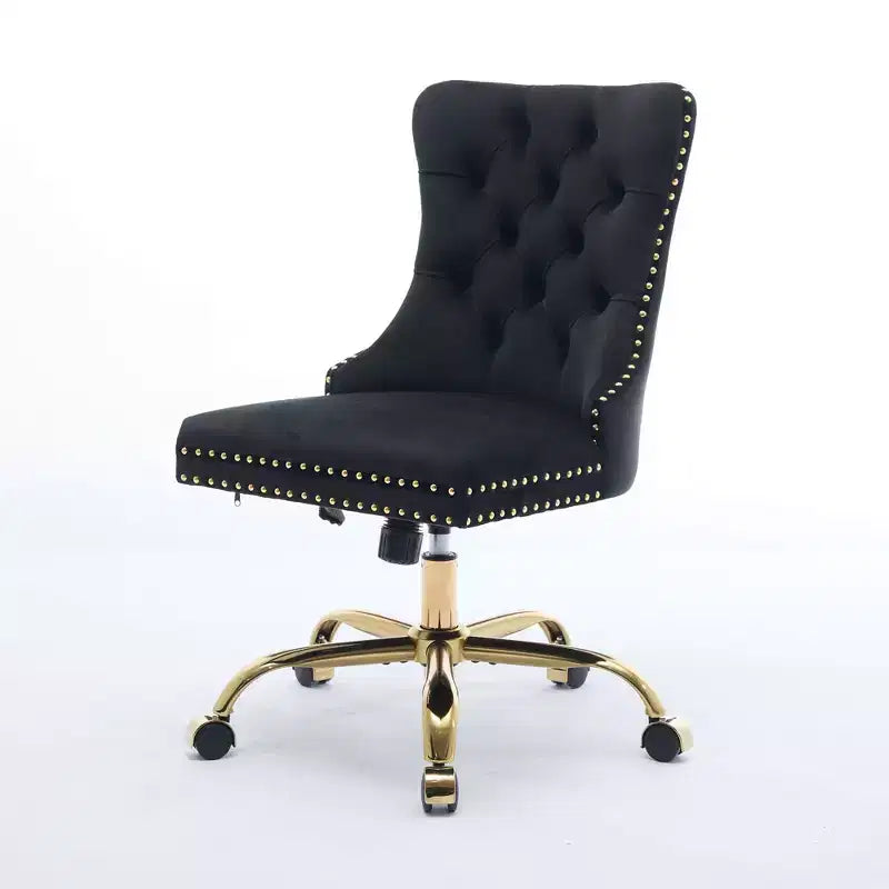Modern Office Chair, Upholstered Desk Chair with Golden Metal Base and Decorative Buttons, Height-Adjustable Comfy Chair for Office, Home