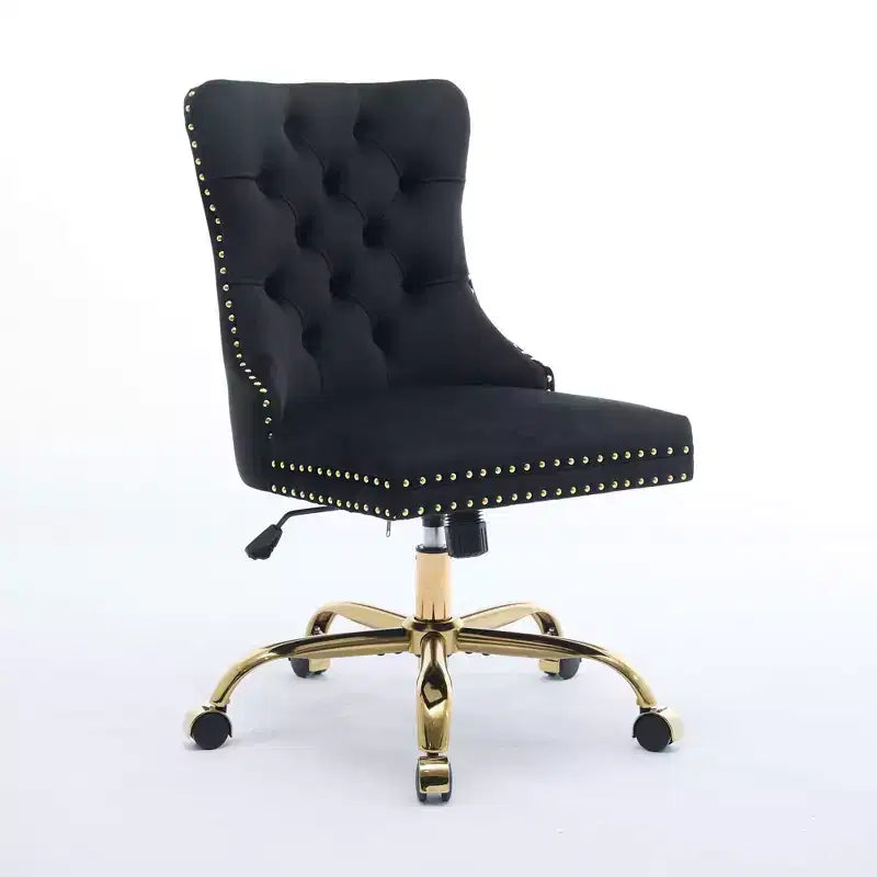Modern Office Chair, Upholstered Desk Chair with Golden Metal Base and Decorative Buttons, Height-Adjustable Comfy Chair for Office, Home