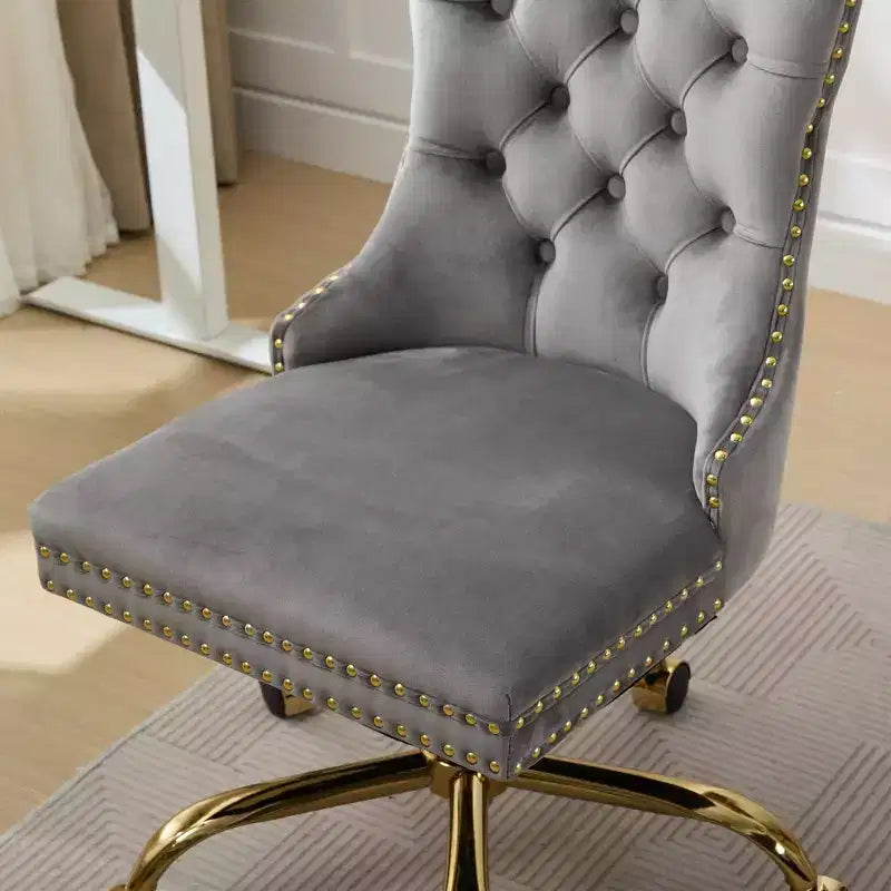 Modern Office Chair, Upholstered Desk Chair with Golden Metal Base and Decorative Buttons, Height-Adjustable Comfy Chair for Office, Home