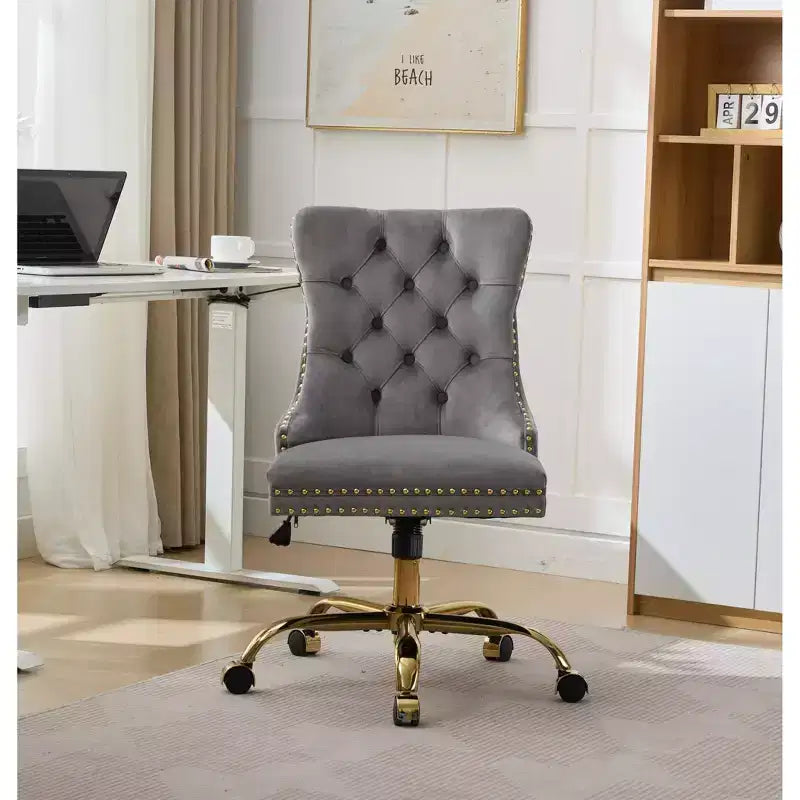 Modern Office Chair, Upholstered Desk Chair with Golden Metal Base and Decorative Buttons, Height-Adjustable Comfy Chair for Office, Home