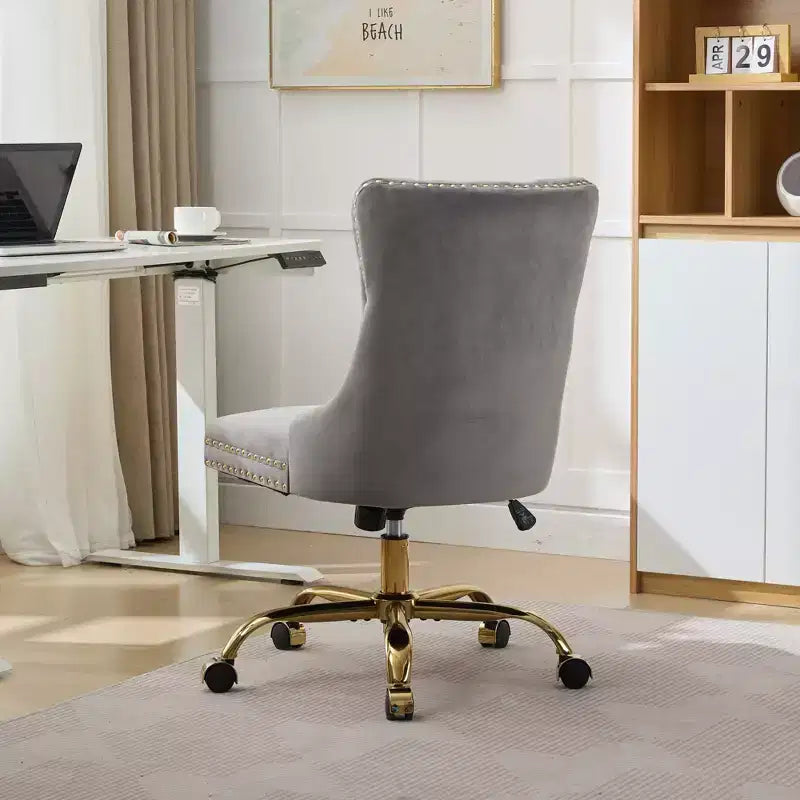 Modern Office Chair, Upholstered Desk Chair with Golden Metal Base and Decorative Buttons, Height-Adjustable Comfy Chair for Office, Home