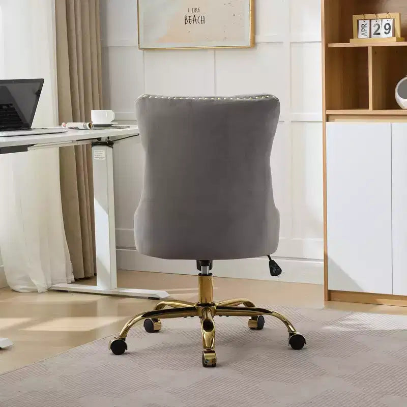 Modern Office Chair, Upholstered Desk Chair with Golden Metal Base and Decorative Buttons, Height-Adjustable Comfy Chair for Office, Home