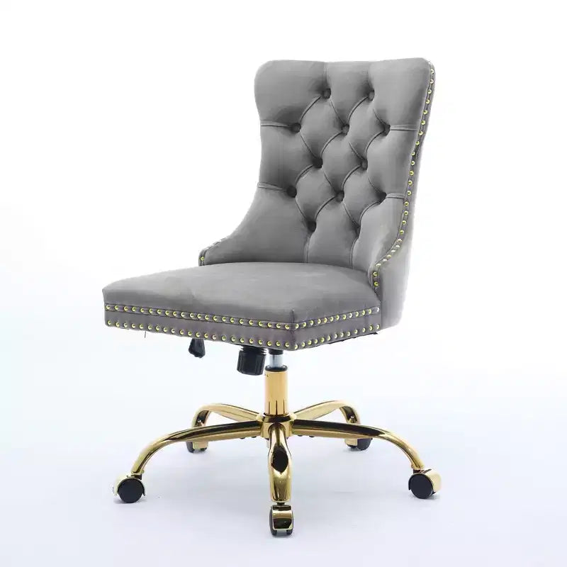 Modern Office Chair, Upholstered Desk Chair with Golden Metal Base and Decorative Buttons, Height-Adjustable Comfy Chair for Office, Home