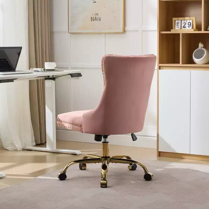 Modern Office Chair, Upholstered Desk Chair with Golden Metal Base and Decorative Buttons, Height-Adjustable Comfy Chair for Office, Home