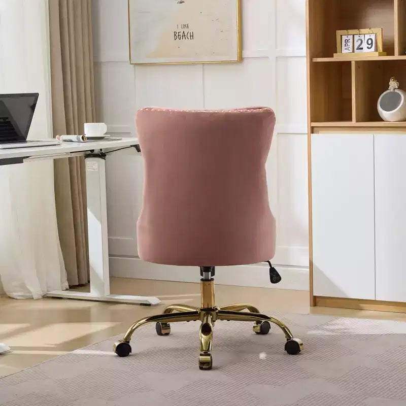 Modern Office Chair, Upholstered Desk Chair with Golden Metal Base and Decorative Buttons, Height-Adjustable Comfy Chair for Office, Home