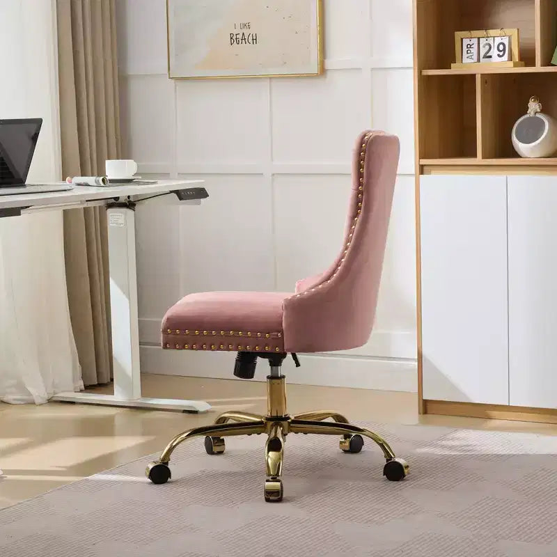 Modern Office Chair, Upholstered Desk Chair with Golden Metal Base and Decorative Buttons, Height-Adjustable Comfy Chair for Office, Home