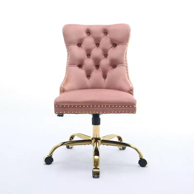 Modern Office Chair, Upholstered Desk Chair with Golden Metal Base and Decorative Buttons, Height-Adjustable Comfy Chair for Office, Home