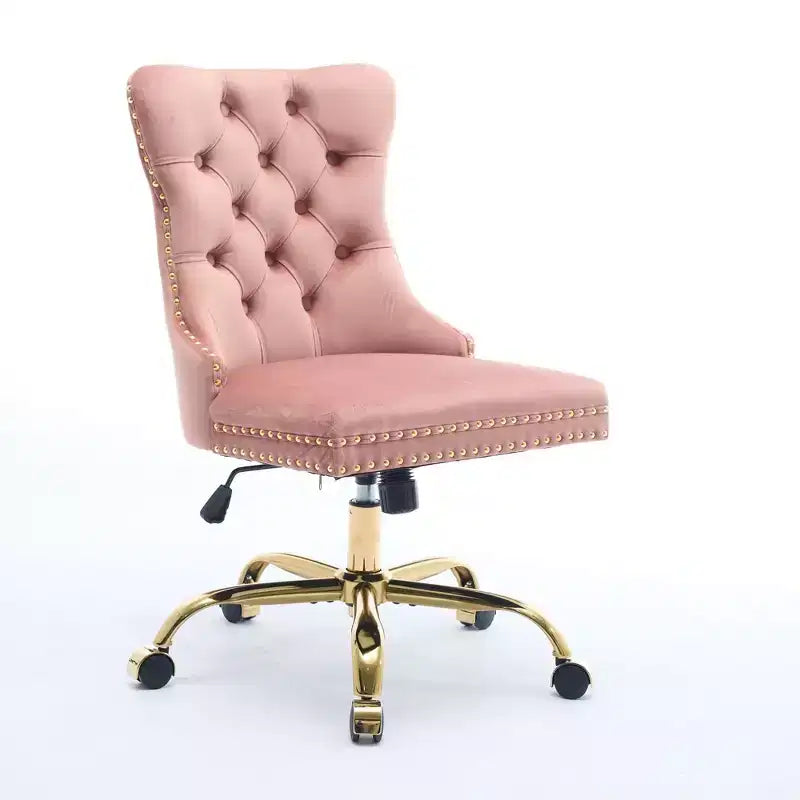 Modern Office Chair, Upholstered Desk Chair with Golden Metal Base and Decorative Buttons, Height-Adjustable Comfy Chair for Office, Home