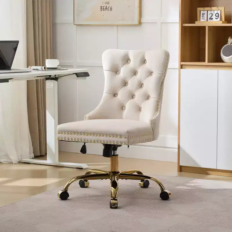 Modern Office Chair, Upholstered Desk Chair with Golden Metal Base and Decorative Buttons, Height-Adjustable Comfy Chair for Office, Home