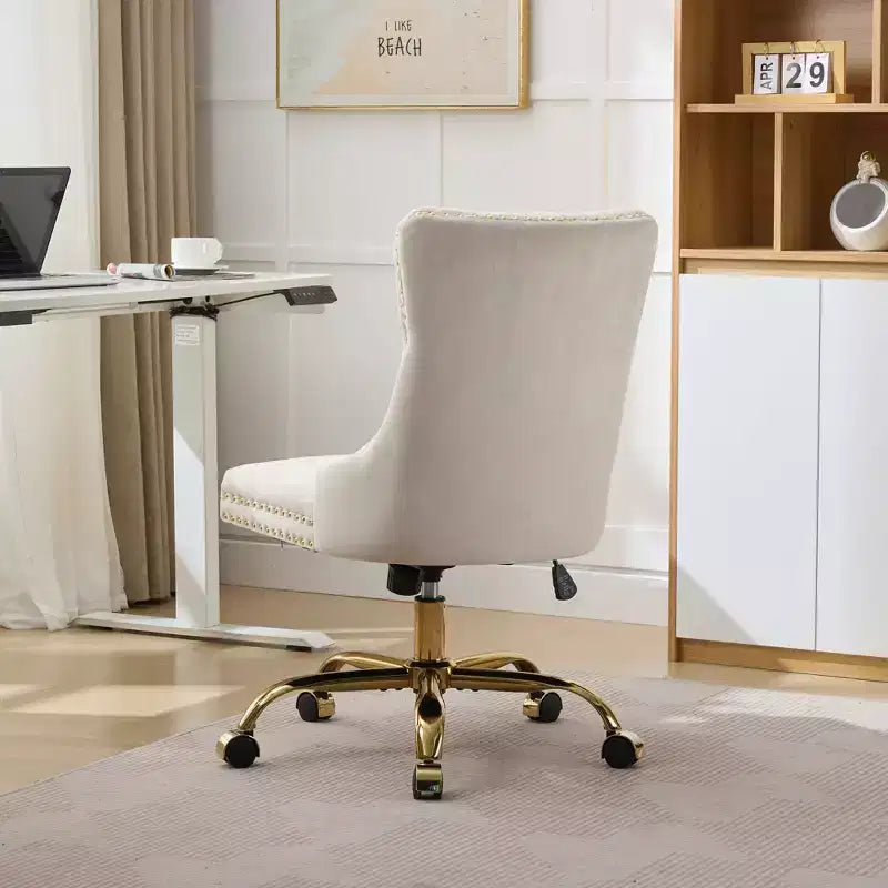 Modern Office Chair, Upholstered Desk Chair with Golden Metal Base and Decorative Buttons, Height-Adjustable Comfy Chair for Office, Home