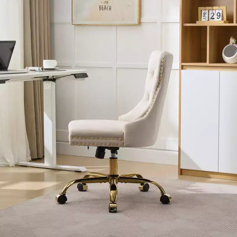 Modern Office Chair, Upholstered Desk Chair with Golden Metal Base and Decorative Buttons, Height-Adjustable Comfy Chair for Office, Home