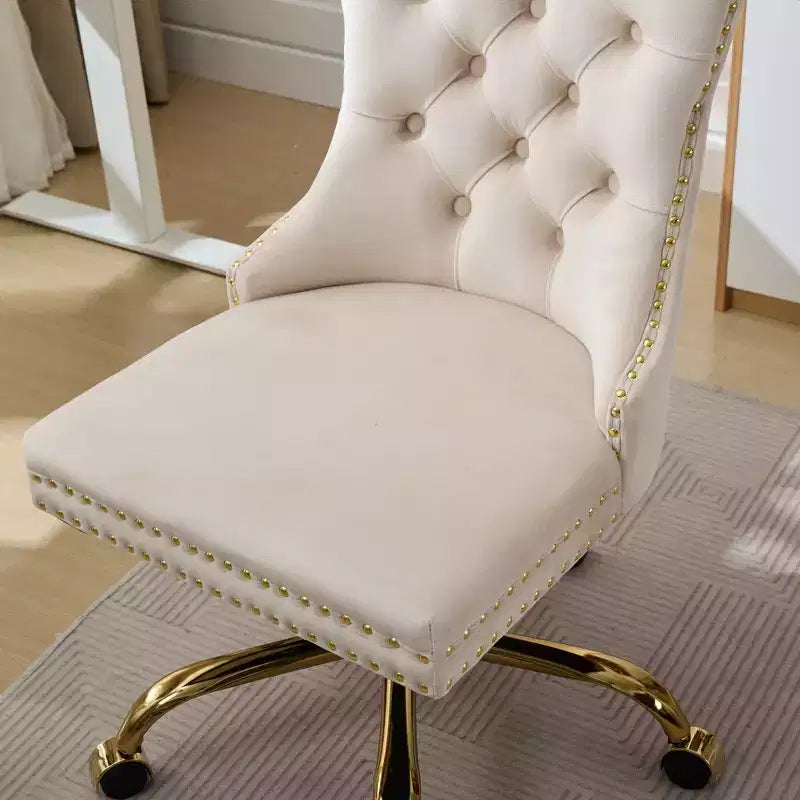 Modern Office Chair, Upholstered Desk Chair with Golden Metal Base and Decorative Buttons, Height-Adjustable Comfy Chair for Office, Home