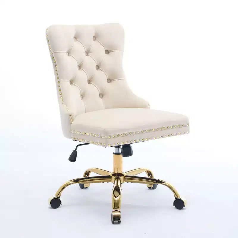 Modern Office Chair, Upholstered Desk Chair with Golden Metal Base and Decorative Buttons, Height-Adjustable Comfy Chair for Office, Home